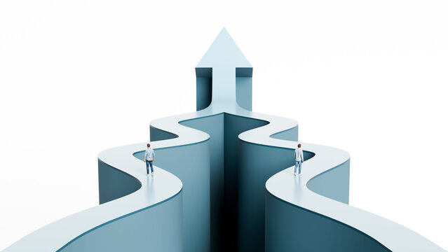 Two men walking on separate paths merging into one with an upward arrow representing business strategic alignment and team collaboration, 3d render