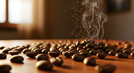 Freshly Roasted Coffee Beans Scattered on Wooden Table with Steam Rising, Aromatic Morning Brew Concept