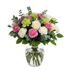 Fototapeta premium A vibrant bouquet of pink roses and lilies in a clear glass vase isolated on transparent background