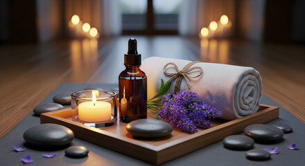 Serene Spa Massage Setting: Essential Oils, Lavender, Candle, Towel, Hot Stones for Relaxation and Wellness
