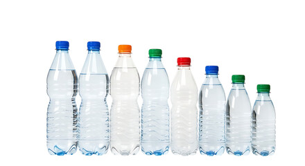 Assortment of Clear Plastic Water Bottles with Colorful Caps