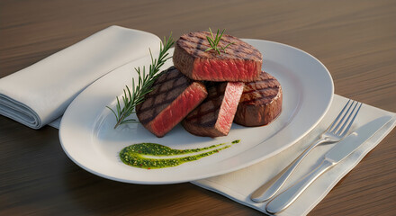 Gourmet Grilled Beef Steaks with Rosemary and Chimichurri Sauce on White Plate, Restaurant Fine Dining Presentation