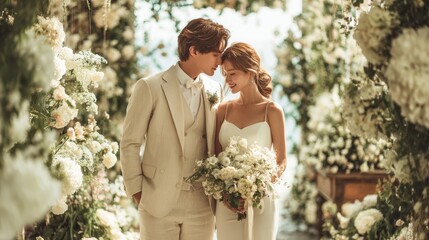 Happy Wedding couple in wedding party,Young joyful bride and groom emotionally dancing,honeymoon and romantic time,valentine,sweet moment,copy space.