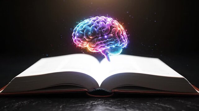 Open book with colorful brain.