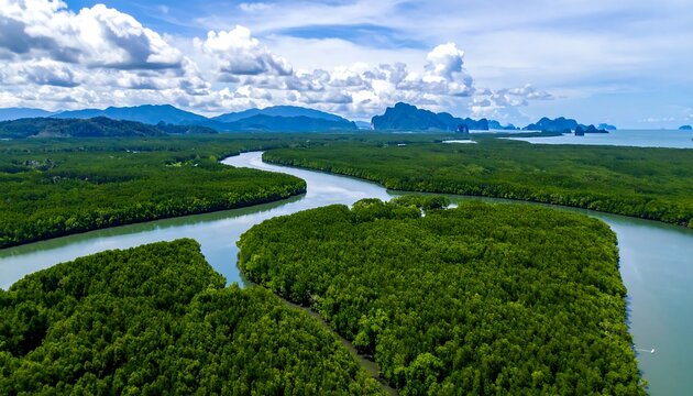 Aerial view of a winding river through a verdant forest to the sea