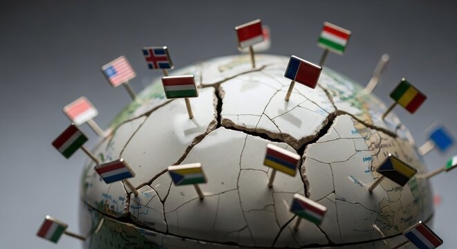 Cracked earth globe with flags.