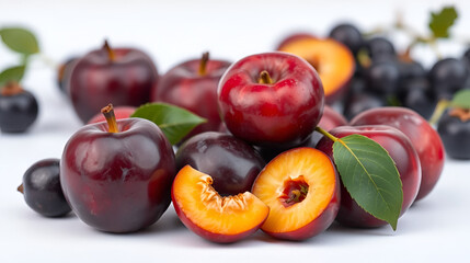 Fresh plums with prunes on white background