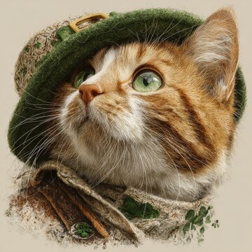 Ginger cat with green eyes wearing an Irish hat, gazing upwards, surrounded by festive decorations, embodying the spirit of St. Patrick's Day celebration and joy