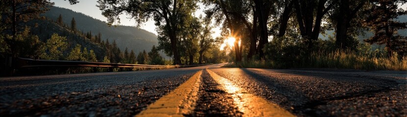 Fototapeta premium Hole in asphalt on empty road with yellow lines, surrounded by trees and mountains, capturing the essence of nature and urban contrast in a serene landscape