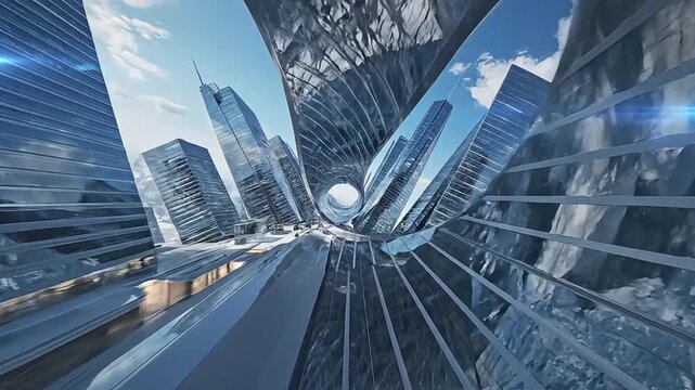 Futuristic cityscape with towering skyscrapers and architectural marvels reflecting the sky in a dizzying urban environment