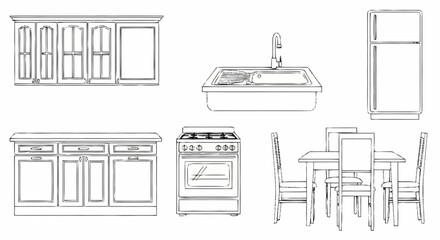 Fototapeta premium Kitchen furniture and appliances illustrated in a simple line drawing style from a straightforward viewpoint