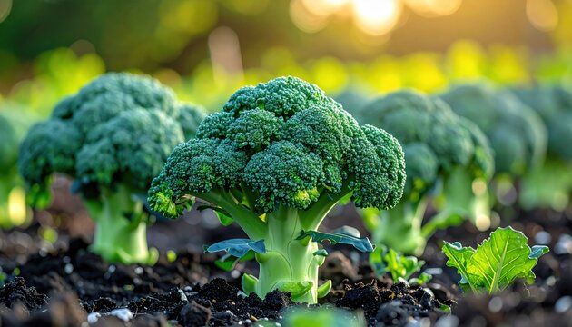 FlyPro_Firefly presents a detailed photographic capture of rows of young organic broccoli florets just beginning to form, their compact structure evident in natural sunlight.