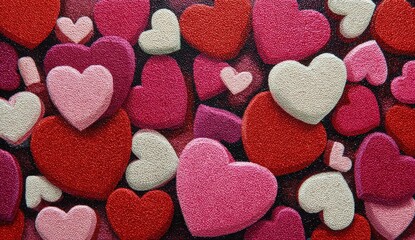 Obraz premium Colorful arrangement of pink, red, and white heart-shaped candies scattered on a textured surface, creating a vibrant and festive atmosphere for celebrations and special occasions