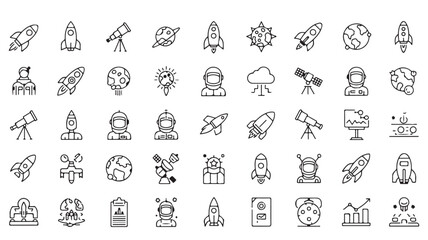 Collection of simple black and white space-themed icons including rockets astronauts planets and telescopes on a white background for design projects. © MARS