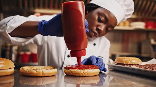 Chef applying ketchup to a burger bun in a commercial kitchen