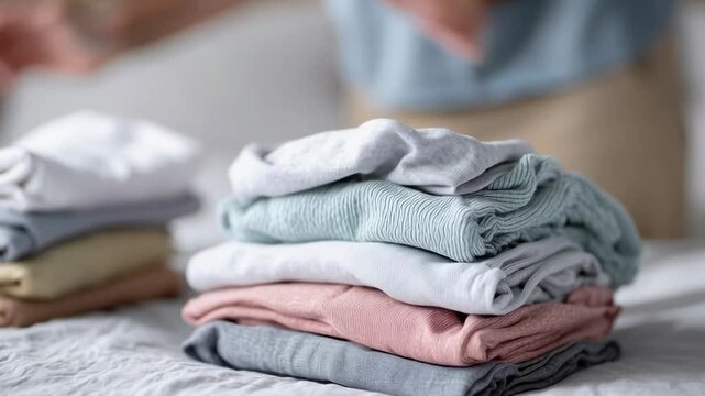 A man is folding clothes and putting them on top of each other. The clothes are piled up and the man is holding them in his hands. Concept of organization and tidiness