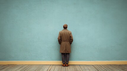 Obraz premium Person in Brown Overcoat Standing Before Textured Blue Wall From Behind at Contemporary Art Gallery in Natural Light with Geometric Floors