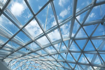Abstract View Of Dome Shaped Skylight With White Metal Grid And Blue Sky With Clouds Sunlight Through Structure