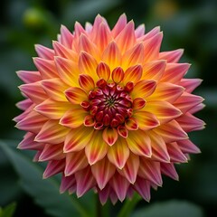 Vibrant pink and yellow dahlia flower in bloom with green leaves