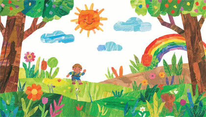 A colorful illustration of a child in a vibrant landscape with trees and a rainbow.