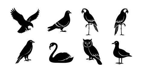 Obraz premium Various bird species depicted in silhouette against a plain background from different viewpoints