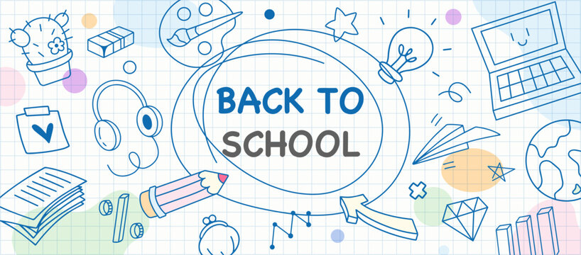 Back to School modern cute banner with laptop and stationery doodle on grid paper background, minimal education vector template