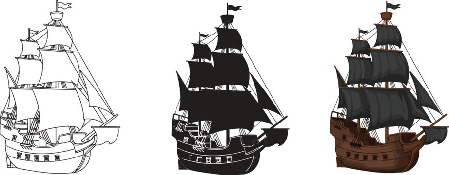 Collection of sailing ship illustrations including outline silhouette and detailed vector designs for historical or nautical themes