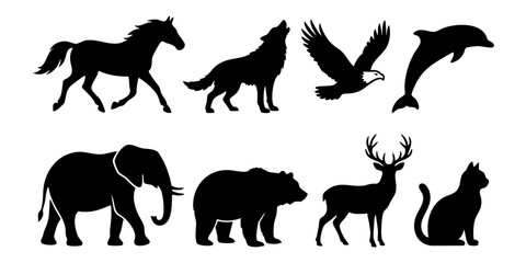 Fototapeta premium Collection of Animal Silhouettes Including Mammals and Birds in Various Poses