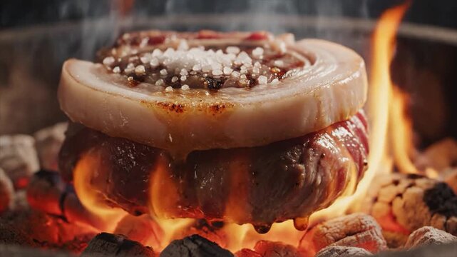 A large steak being grilled over an open flame, with seasonings on top, captured from a close-up viewpoint.