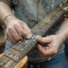 Guitar luthier hands polishes the frets on the fretboard