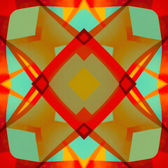 Abstract geometric pattern with symmetrical intersecting colorful lines forming an X shape in shades of red, yellow, blue, and orange, with a textured look