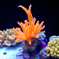 fluorescent torch coral move tentacle, soft coral grow on frag plug, reef marine aquarium, coquina live rock mariculture aquascape, LED actinic blue light, wave maker laminar flow, dark background