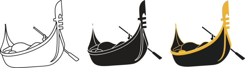Collection of Venetian gondola icons representing traditional Italian water transport in outline solid black and colored styles for travel and tourism concepts © Ahmad