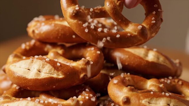 A stack of salted pretzels on a wooden table, with one being placed on top