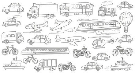 Collection of various transportation vehicles in a simple line art style. © Mungin