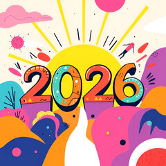 Bold & Bright: A visually dynamic, creative illustration of the year 2026, rendered in vibrant colors and expressive shapes, is poised to usher in a future full of possibility.