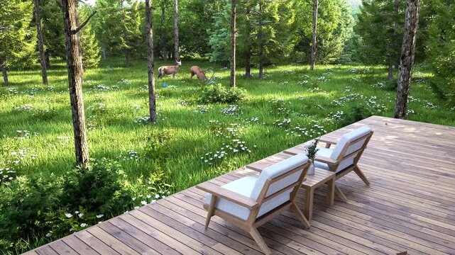 Animation of luxury wooden terrace with lounge chairs overlooking a lush green forest with two deer and wildflowers. Peaceful natural landscape with bright daylight. 3d render