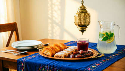 Experience the warmth of Ramadan with this beautifully set iftar table, complete with traditional dates, sweet pastries, and a refreshing drink, all elegantly arranged on a vibrant blue embroidered ta