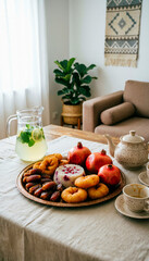 Experience the warmth of Ramadan with this beautifully set traditional breakfast spread, complete with a refreshing drink, sweet treats, and a selection of fresh fruit, perfect for a cozy morning with