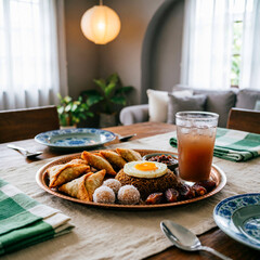 Savor a delicious Middle Eastern spread on a cozy dining table. A mouthwatering assortment of samosas, dates, egg on rice, and dessert, paired with a refreshing drink, invites you to indulge in a culi