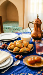 Experience the warmth of a traditional Middle Eastern breakfast. A beautifully set table with an assortment of delicious pastries, fresh dates, and a steaming hot beverage, inviting you to savor the f