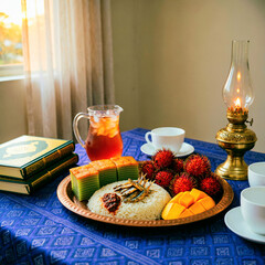 Cozy traditional Southeast Asian meal setup with a variety of dishes on a blue patterned tablecloth, including rice, fruits, and tea, accompanied by a warm glowing lamp and books, evoking a sense of h