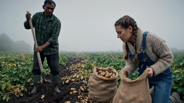 Farmers harvesting potatoes in a muddy field on a foggy morning