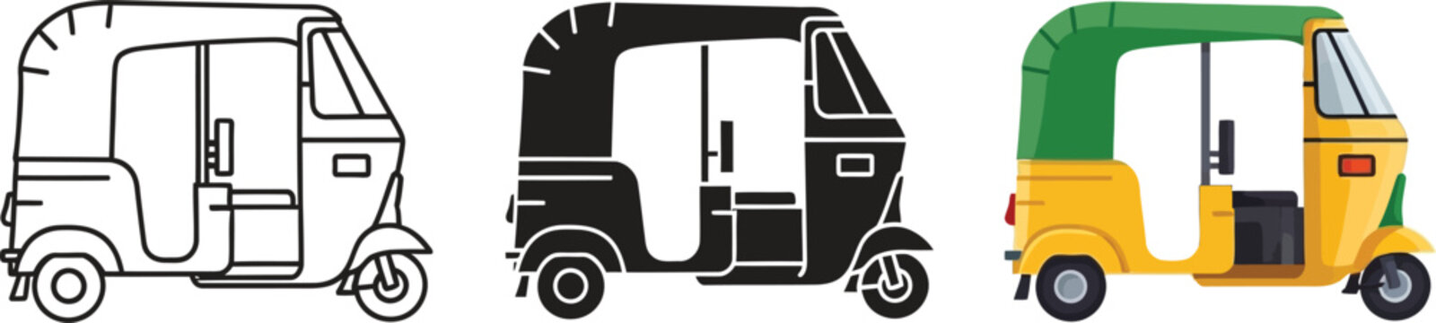 Collection of auto rickshaw icons in outline silhouette and color vector styles representing urban transport and travel concepts