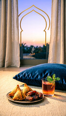 Experience the serenity of an iftar setup with traditional Middle Eastern treats and a refreshing drink, set against a stunning sunset backdrop. This evocative scene captures the essence of Ramadan, p