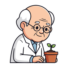 Obraz premium Old scientist examining plant growth in pot vector illustration flat design