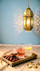 Serene Ramadan scene with ornate lantern, dates, and refreshing drinks on elegant wooden tray, perfect for iftar celebrations and cultural events