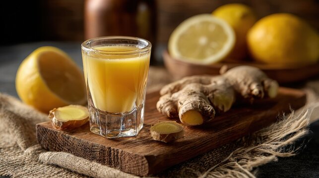 Ginger shot with fresh ginger root and lemons on a rustic wooden board