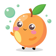 Obraz premium Cute cartoon peach character with green leaf and bubbles