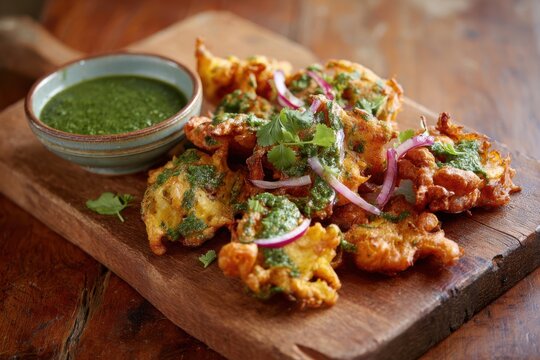 Indian Pakora Vegetable Fritters with Green Chutney and Red Onion Slices on a Wooden Board indian food